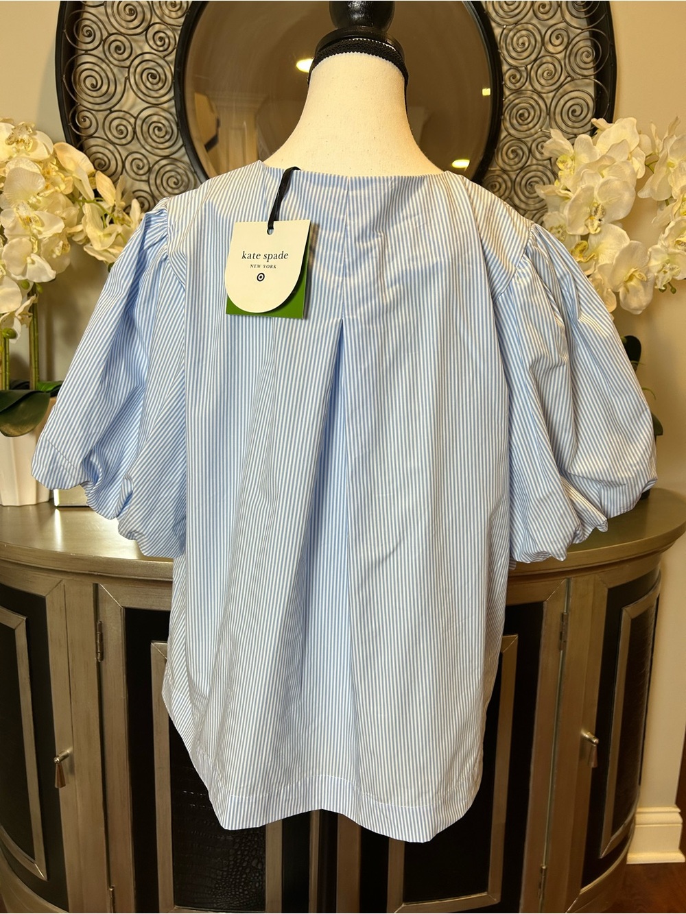 kate spade Blue and White Striped Bow-Front Puff Sleeve Blouse - Picture 4 of 12